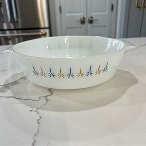 FIRE KING 10” 1qt casserole dish Candle Glow mustard/ navy VTG Atomic Atomic MCM
